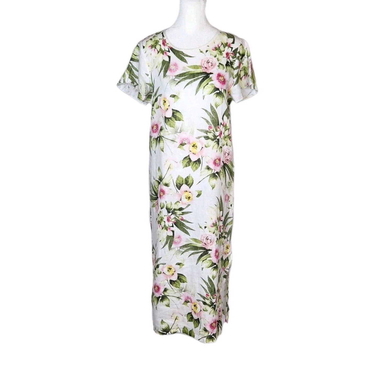 Marina Gigli Italian Linen Floral Midi Dress Pink Peony Print Womens Xs Vacation